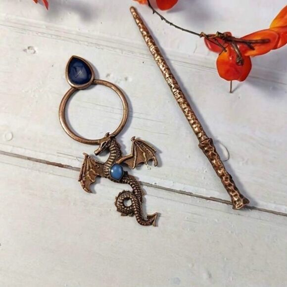 Vintage Viking Dragon Hair accessory with blue stone accent bronze tone - Picture 3 of 4